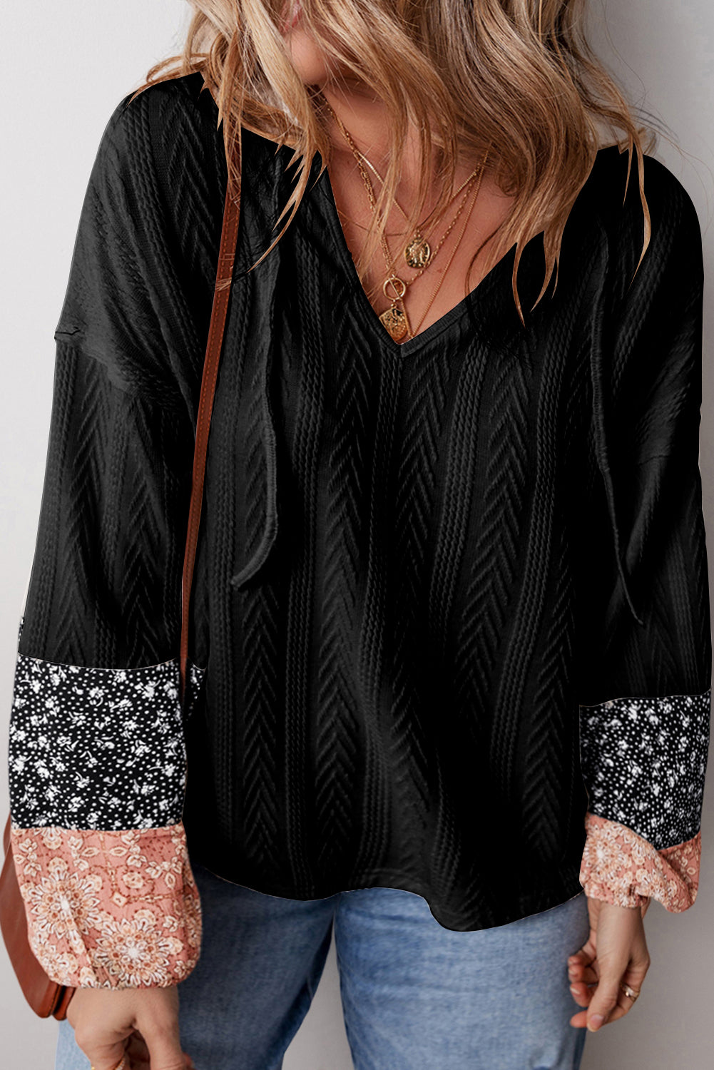 Black Floral Patchwork Textured Knit Drawstring V Neck Blouse