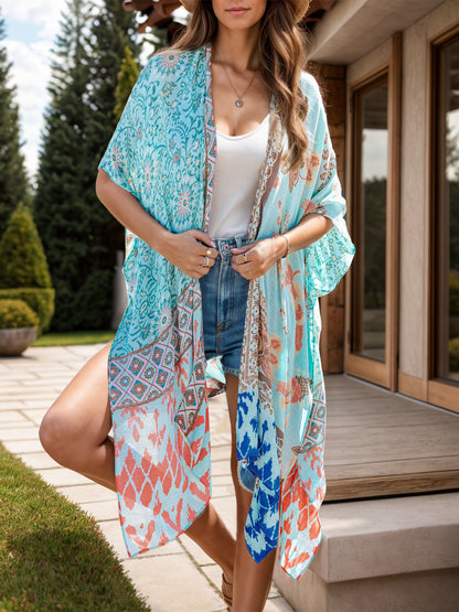 Printed Open Front Cover-Up Light Blue One Size