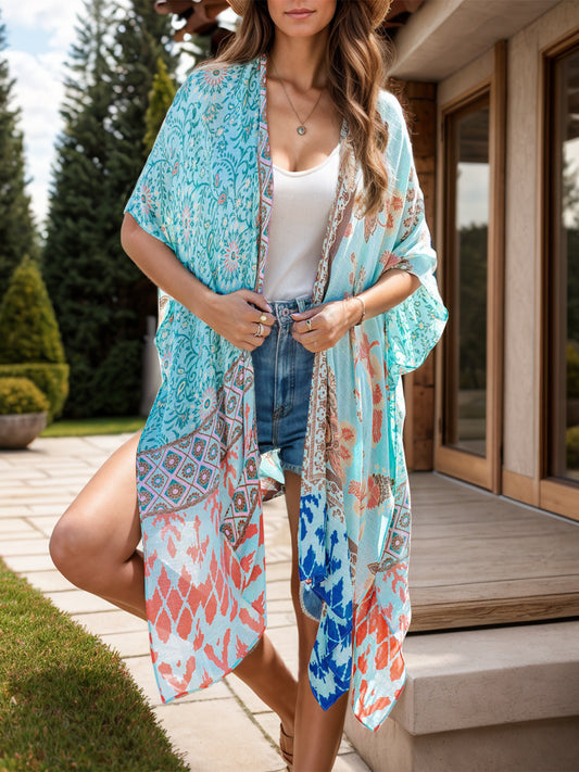 Printed Open Front Cover-Up Light Blue One Size