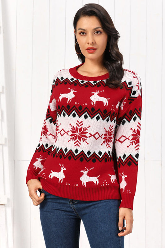 Reindeer Round Neck Sweater Deep Red