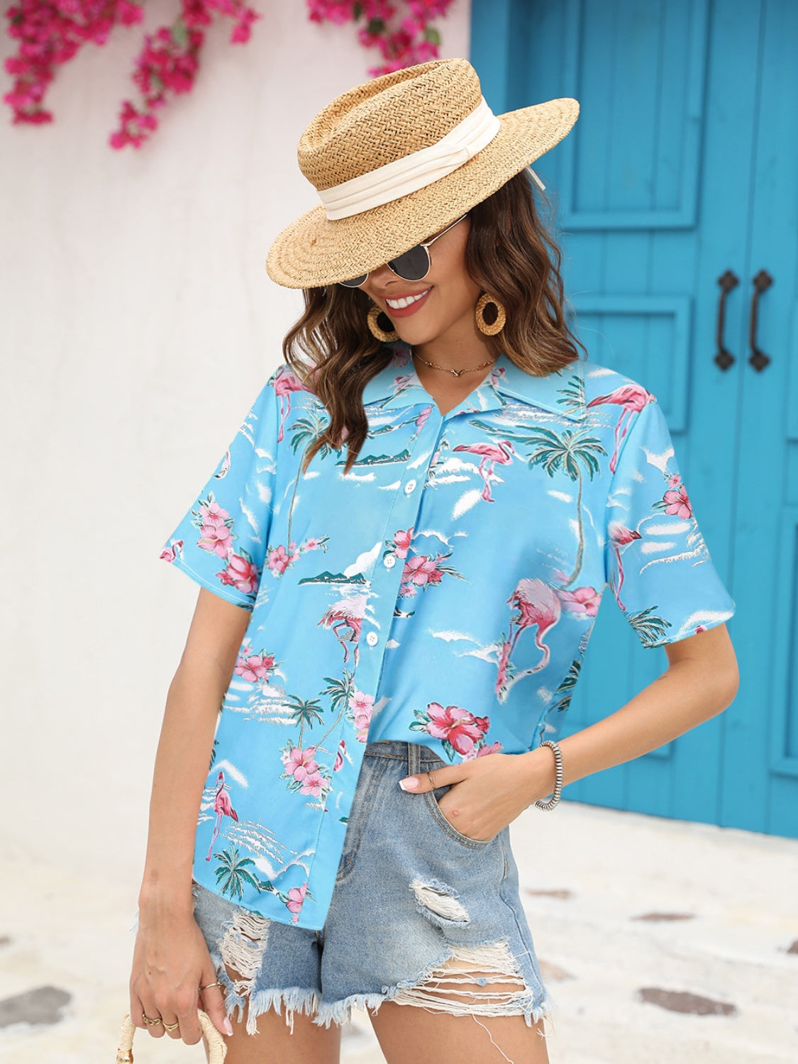 Printed Collared Neck Short Sleeve Shirt - Thandynie