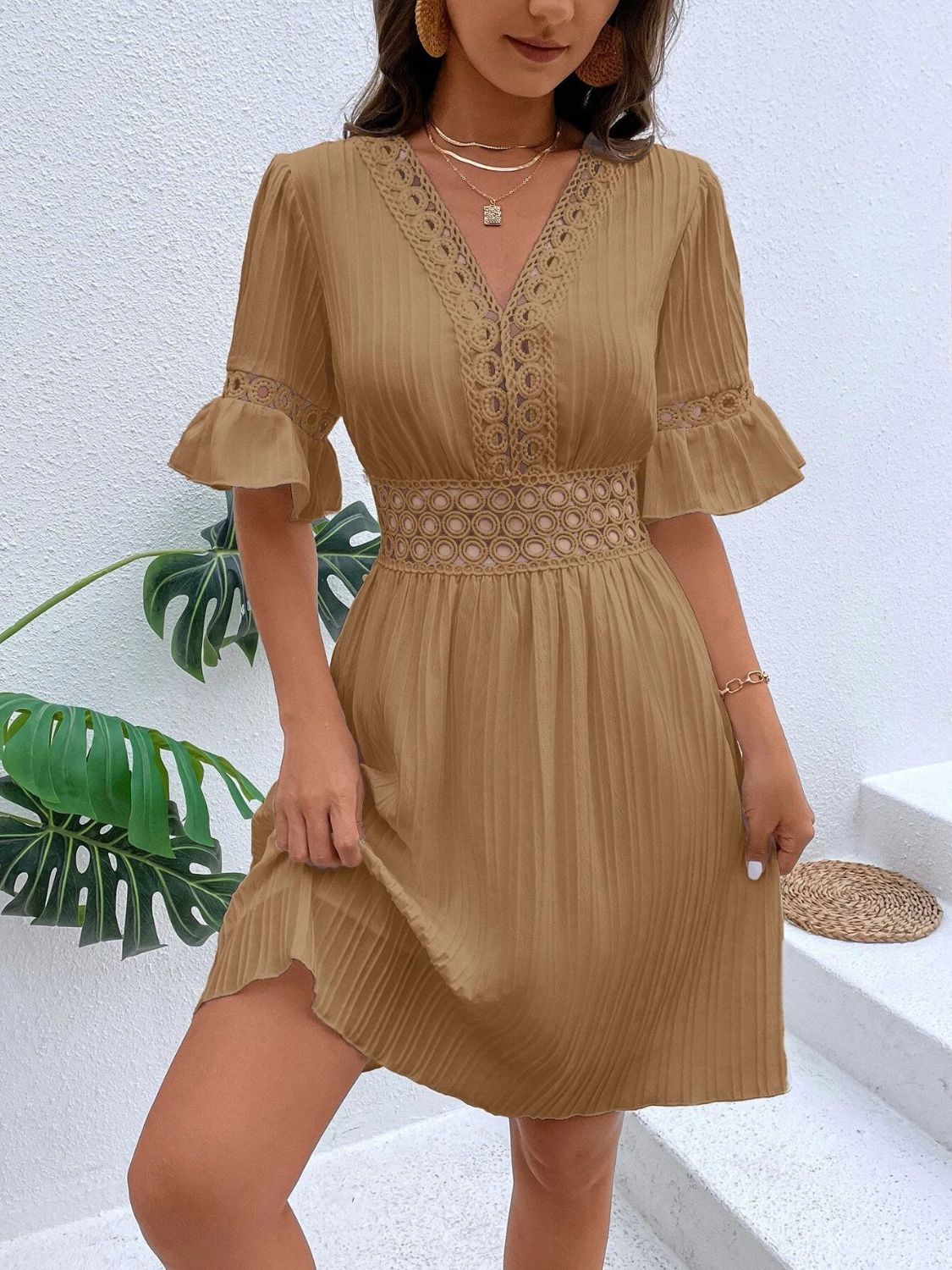 Cutout V-Neck Flounce Sleeve Mini Dress Camel