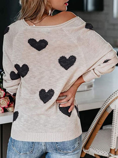 Heart Scoop Neck Long Sleeve Sweater White