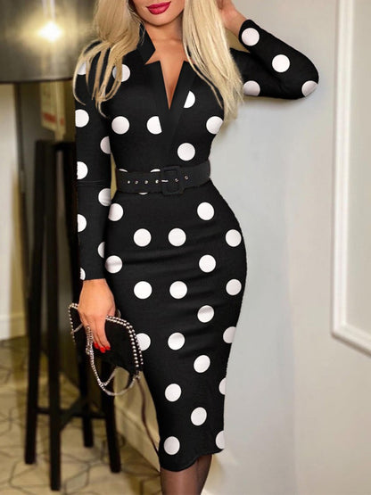 Printed Notched Long Sleeve Wrap Dress Black