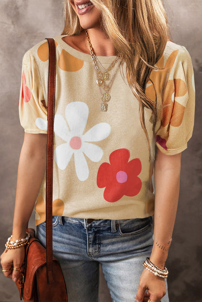 Flower Round Neck Short Sleeve Blouse Tan