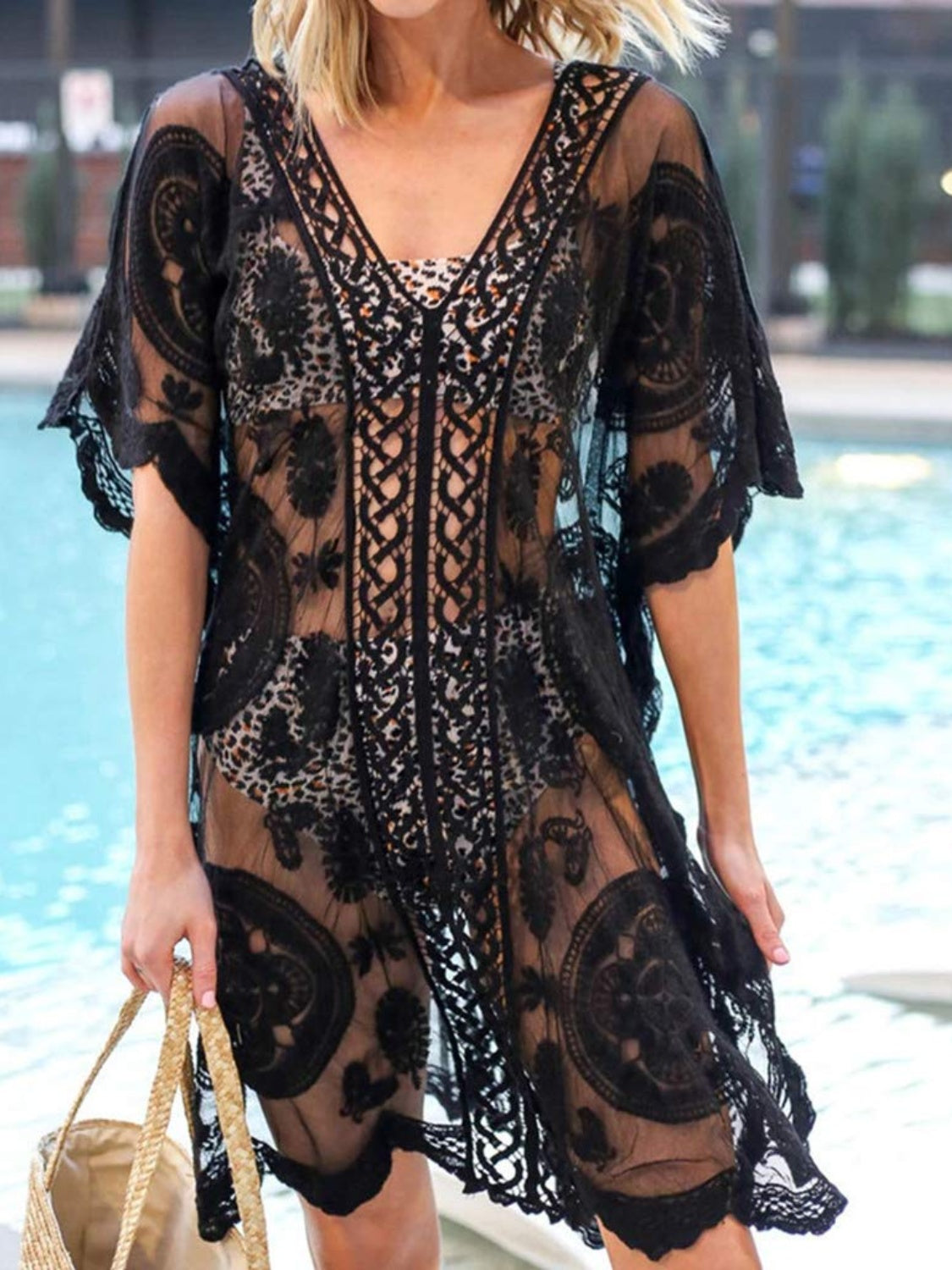 Lace V-Neck Half Sleeve Cover-Up Black One Size