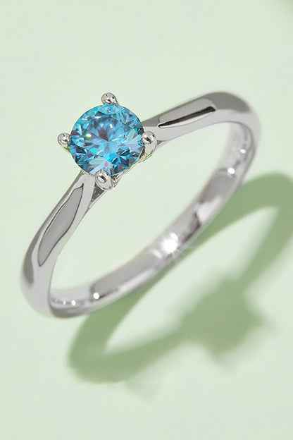 Moissanite Contrast 925 Sterling Silver Solitaire Ring | Platinum-Plated Minimalist Design Sky Blue