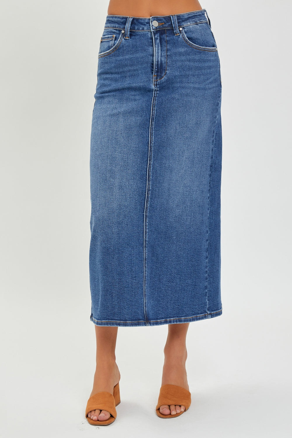 RISEN High Rise Back Slit Denim Skirt - Thandynie