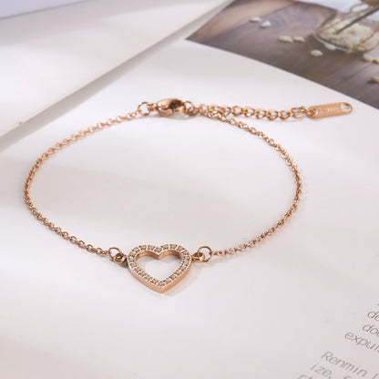 Inlaid Zircon Stainless Steel Heart Bracelet Rose Gold One Size