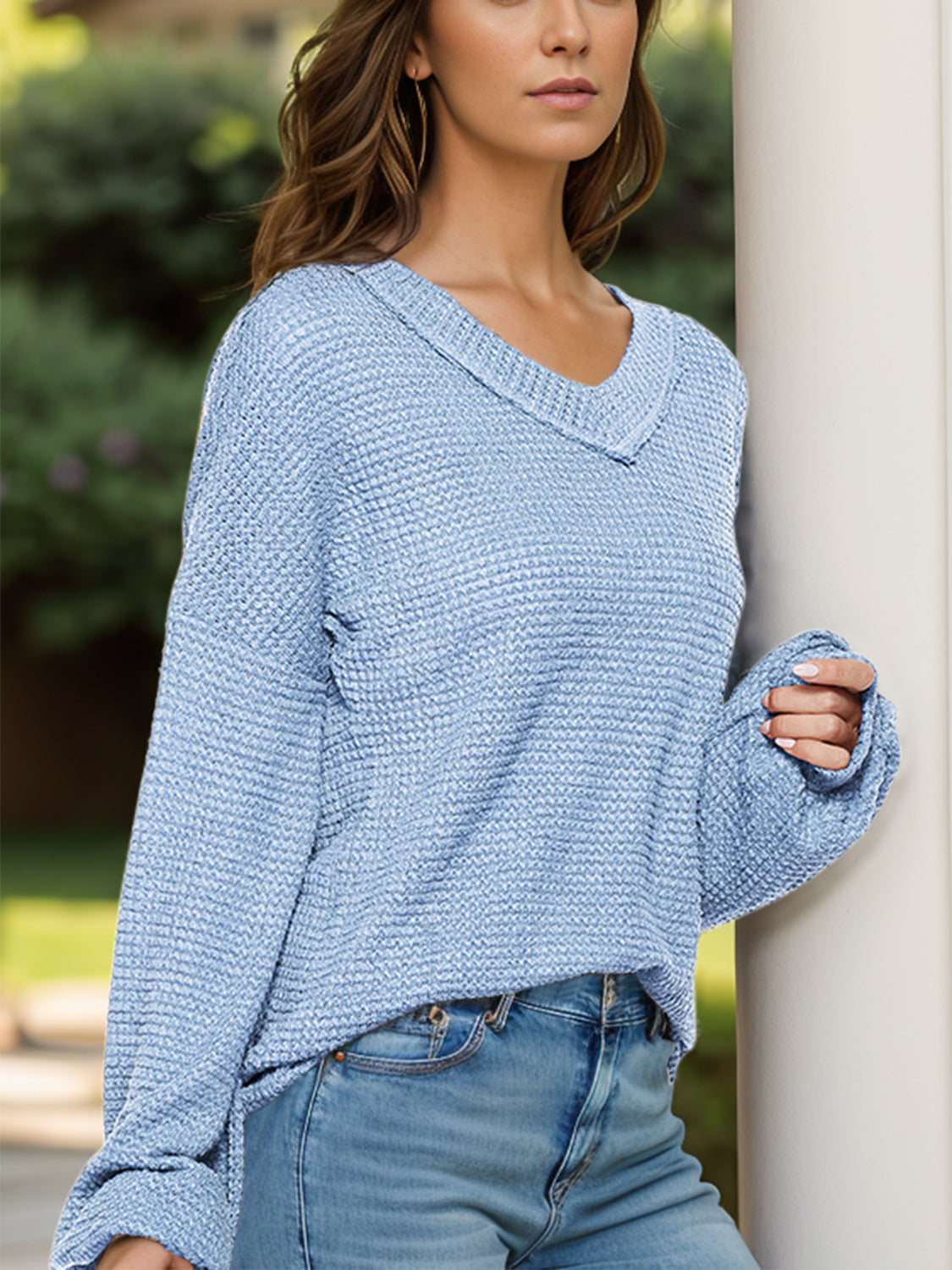 Dropped Shoulder Long Sleeve Knit Top Light Blue