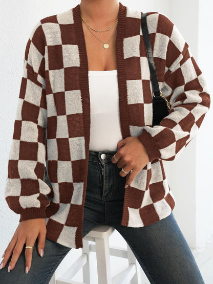 Checkered Open Front Long Sleeve Cardigan Brown White