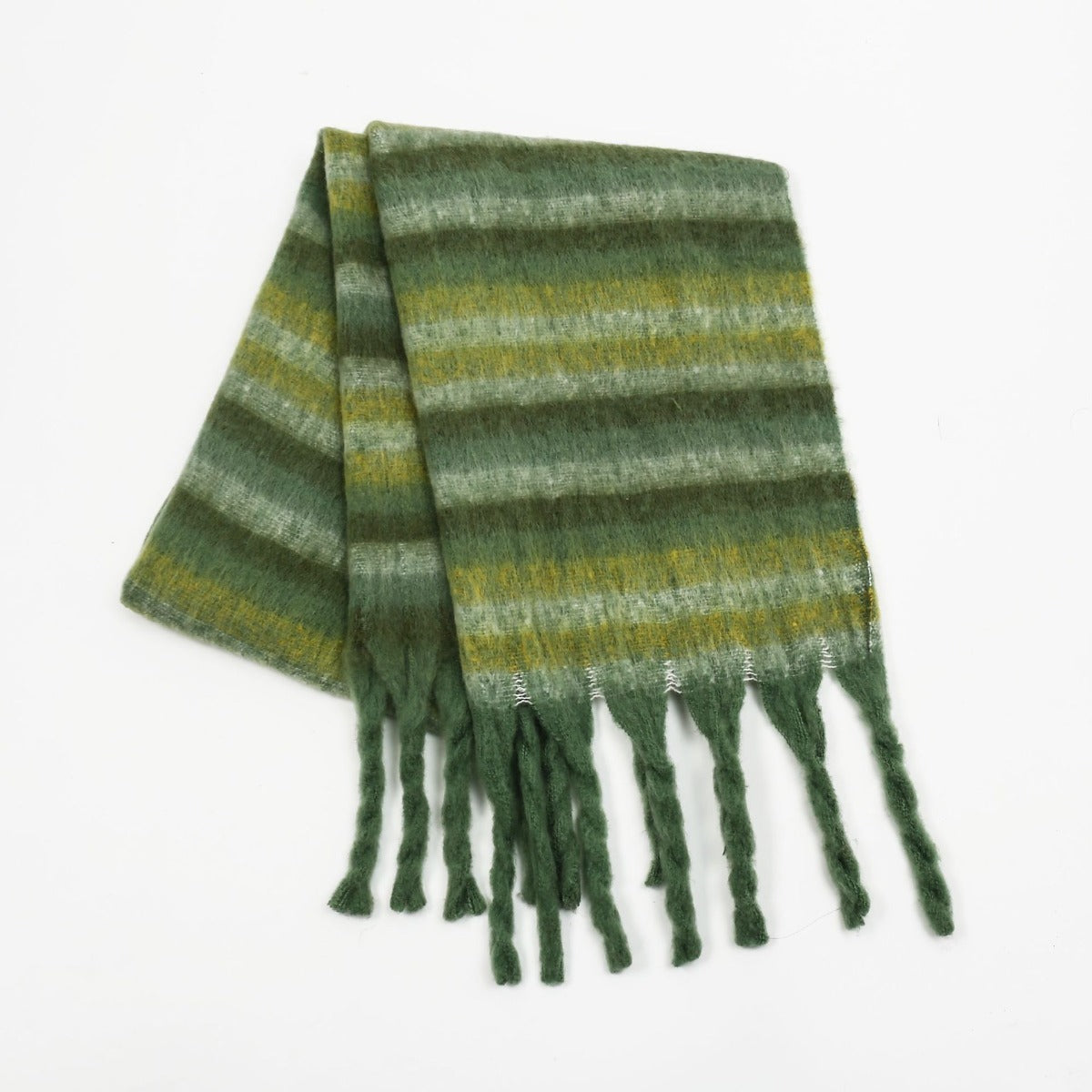 Fringe Contrast Striped Polyester Scarf Dark Green One Size