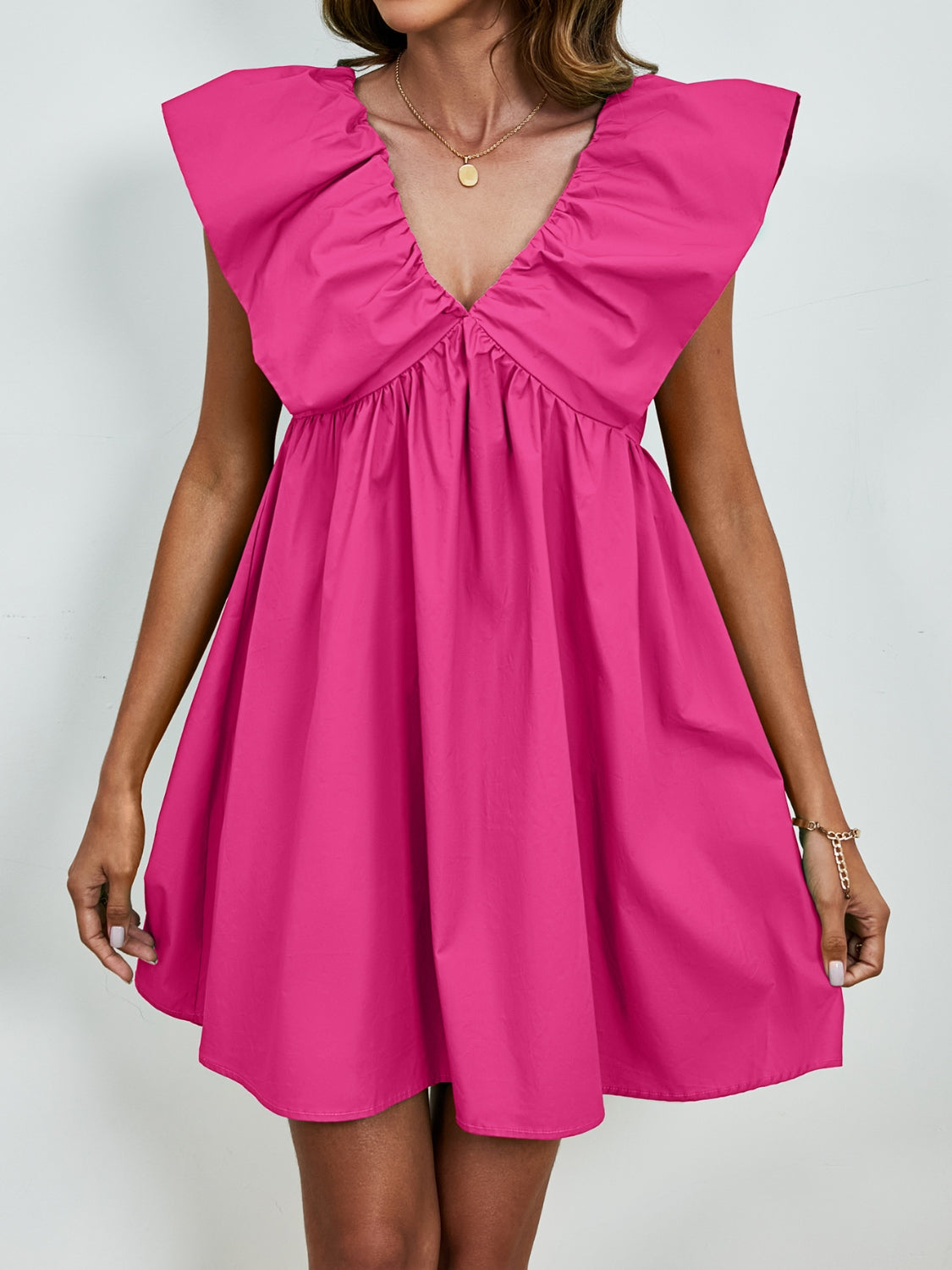 V-Neck Cap Sleeve Mini Dress Hot Pink