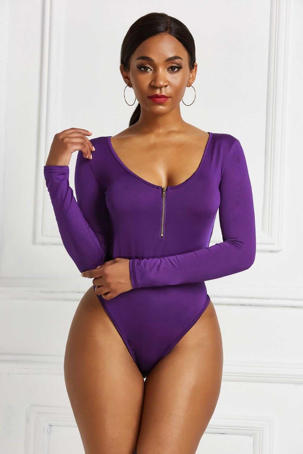 Half Zip Scoop Neck Long Sleeve Bodysuit Violet
