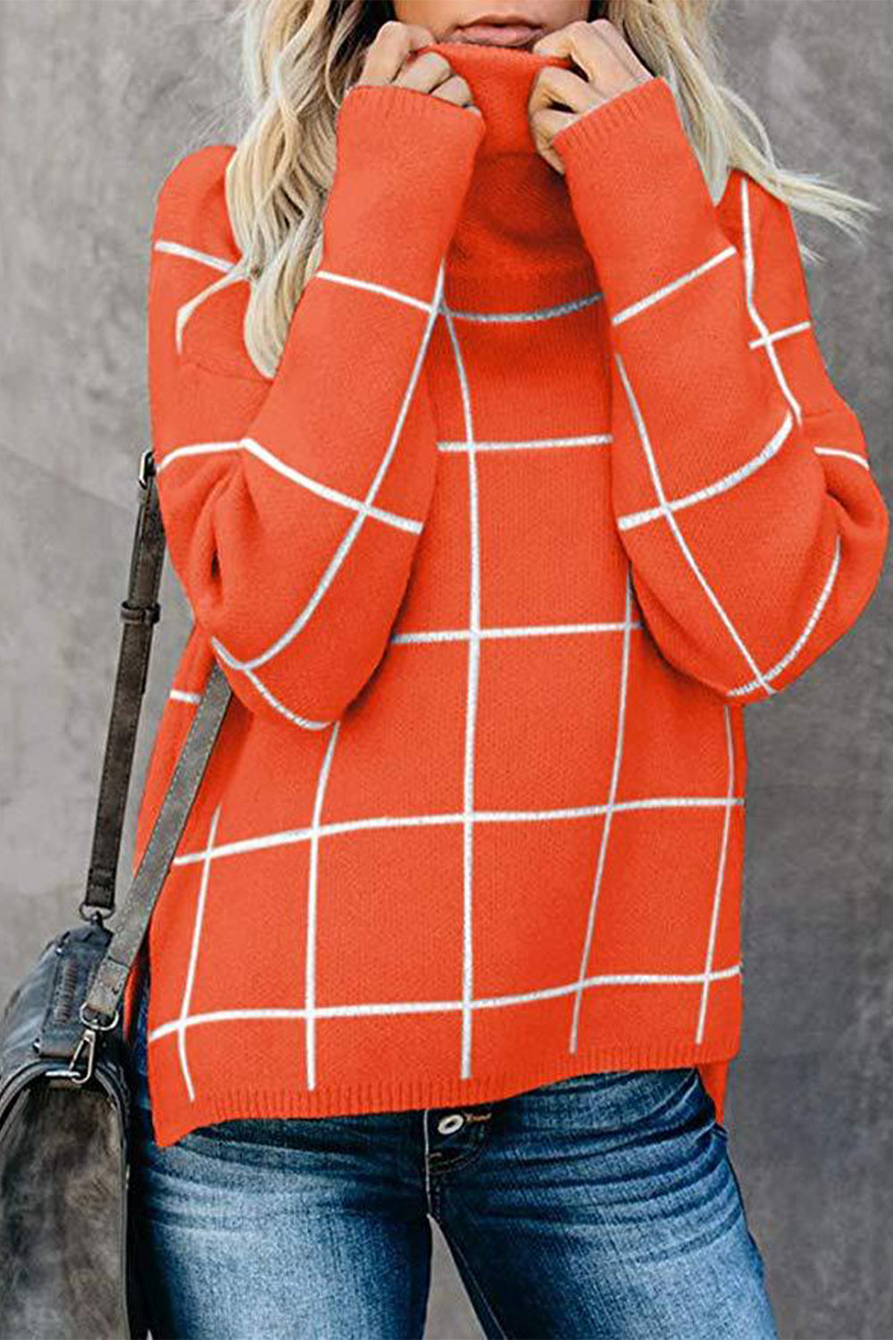 Plaid Turtleneck Drop Shoulder Sweater Pumpkin