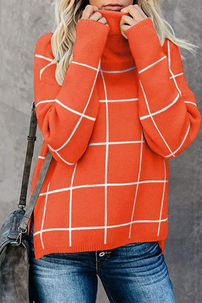 Plaid Turtleneck Drop Shoulder Sweater Pumpkin