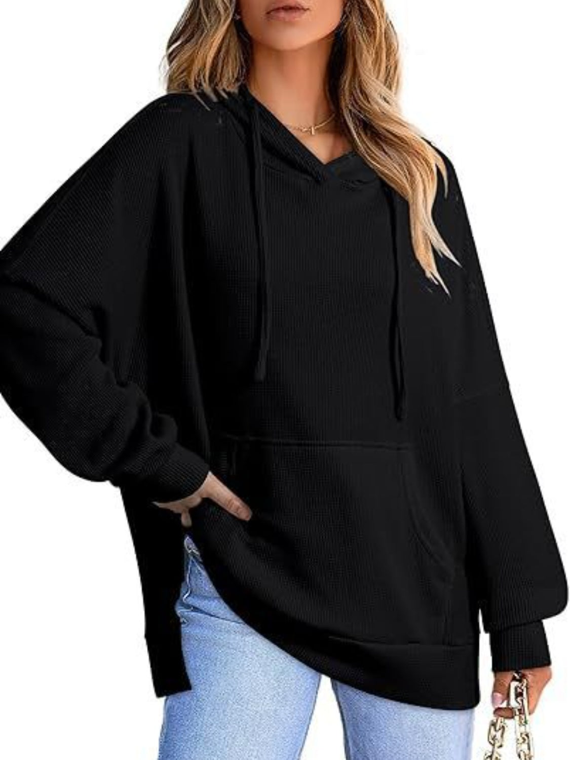 Drawstring Slit Long Sleeve Hoodie Black