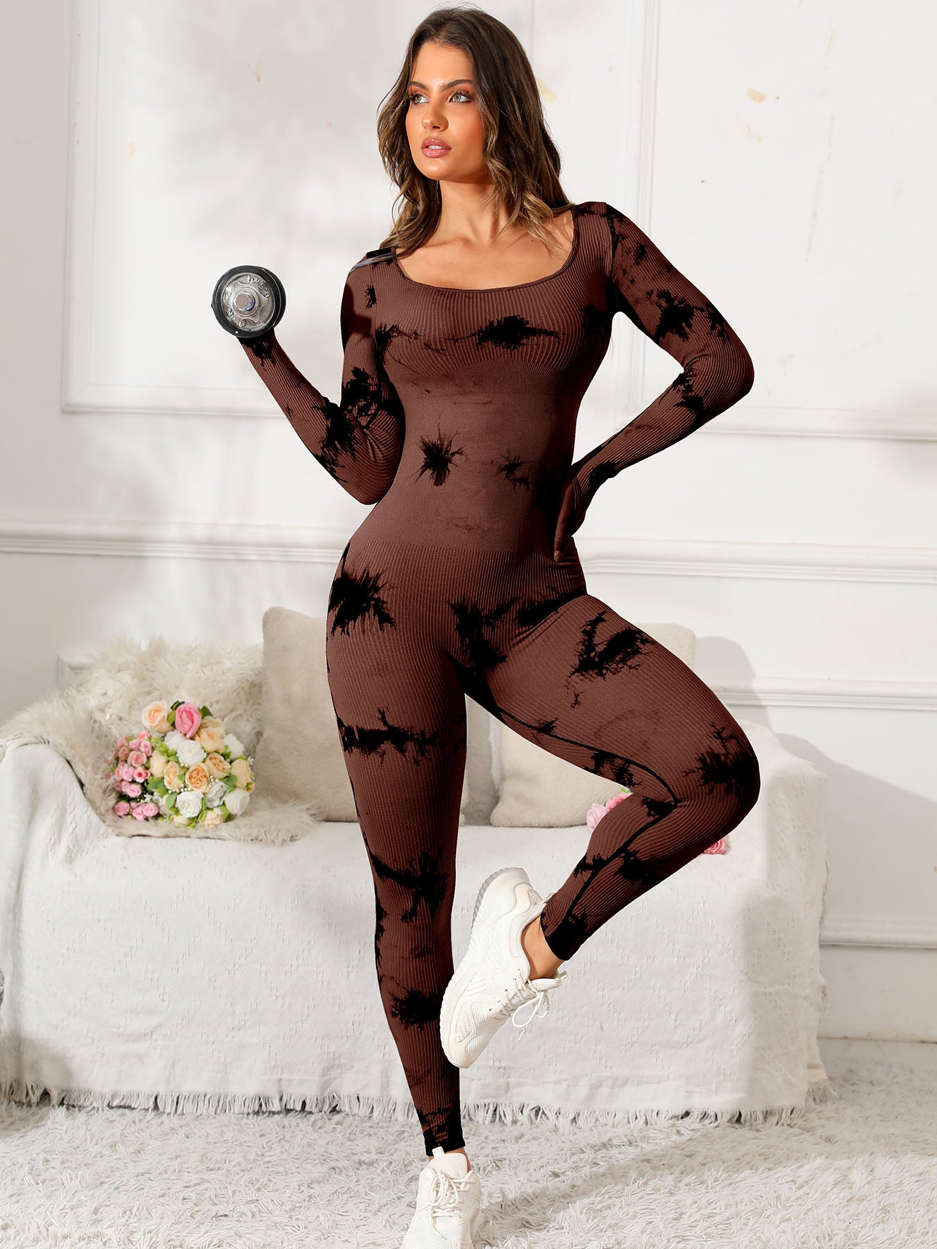 Scoop Neck Long Sleeve Active Jumpsuit Dark Brown