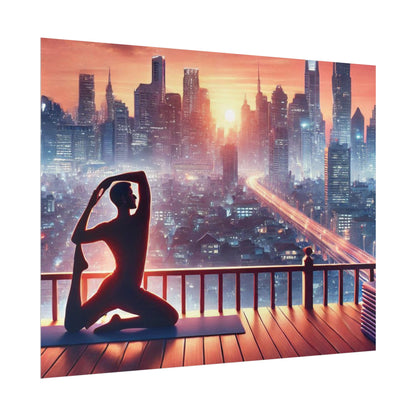 Yoga Poster, Cityscape Sunset Art, Rolled Wall Art, Pink Orange Skyline Decor, Urban Zen Meditation, Rooftop Exercise Print, Relaxation Gift