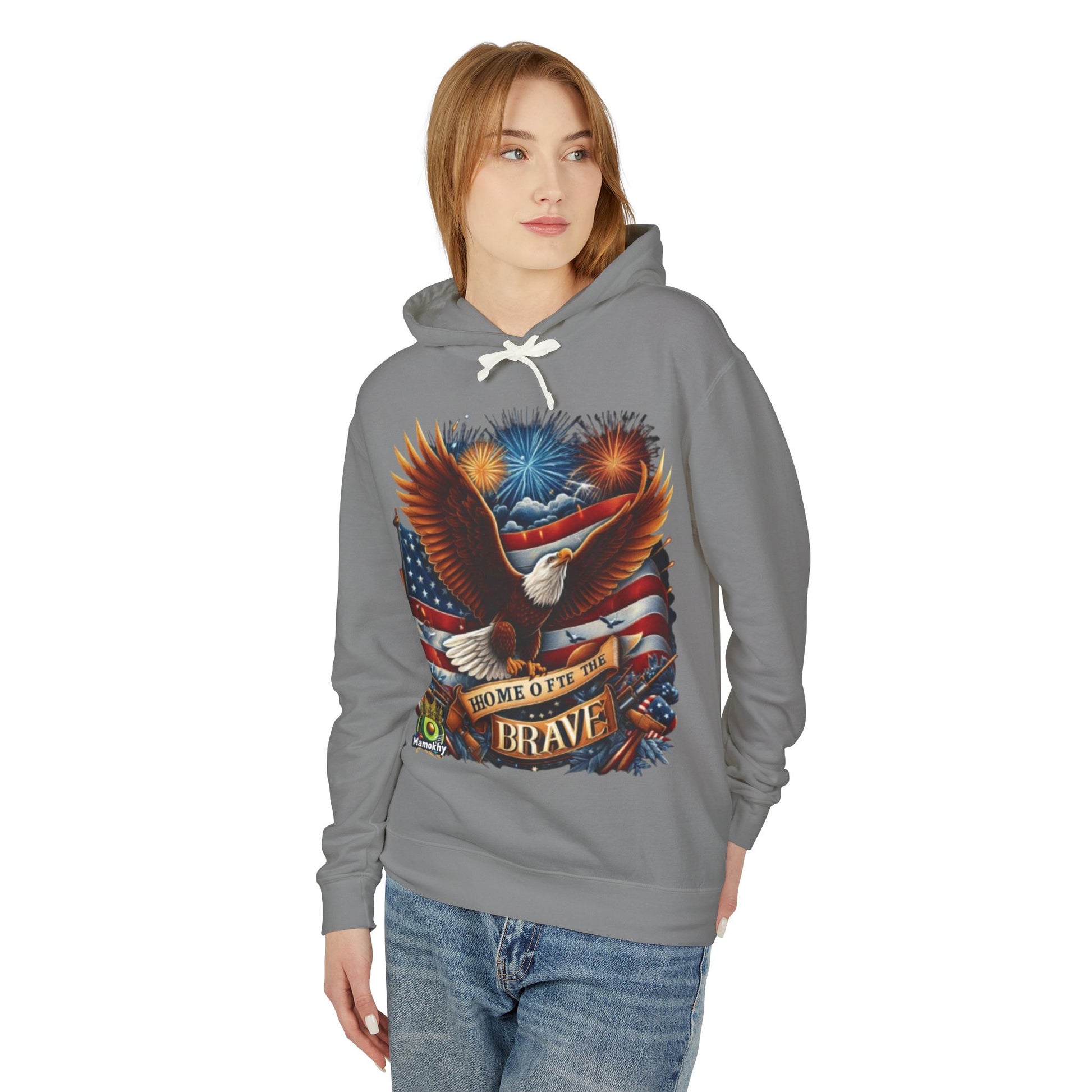 Hooded Sweatshirt - 'Home of the Brave' Bald Eagle Fireworks Illustration