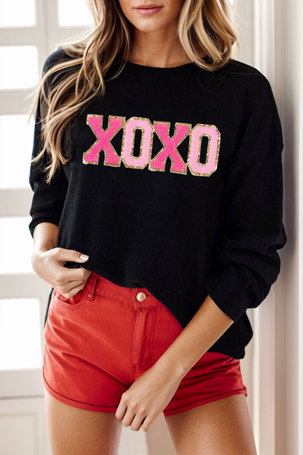 Round Neck Long Sleeve Sweater Hot Pink