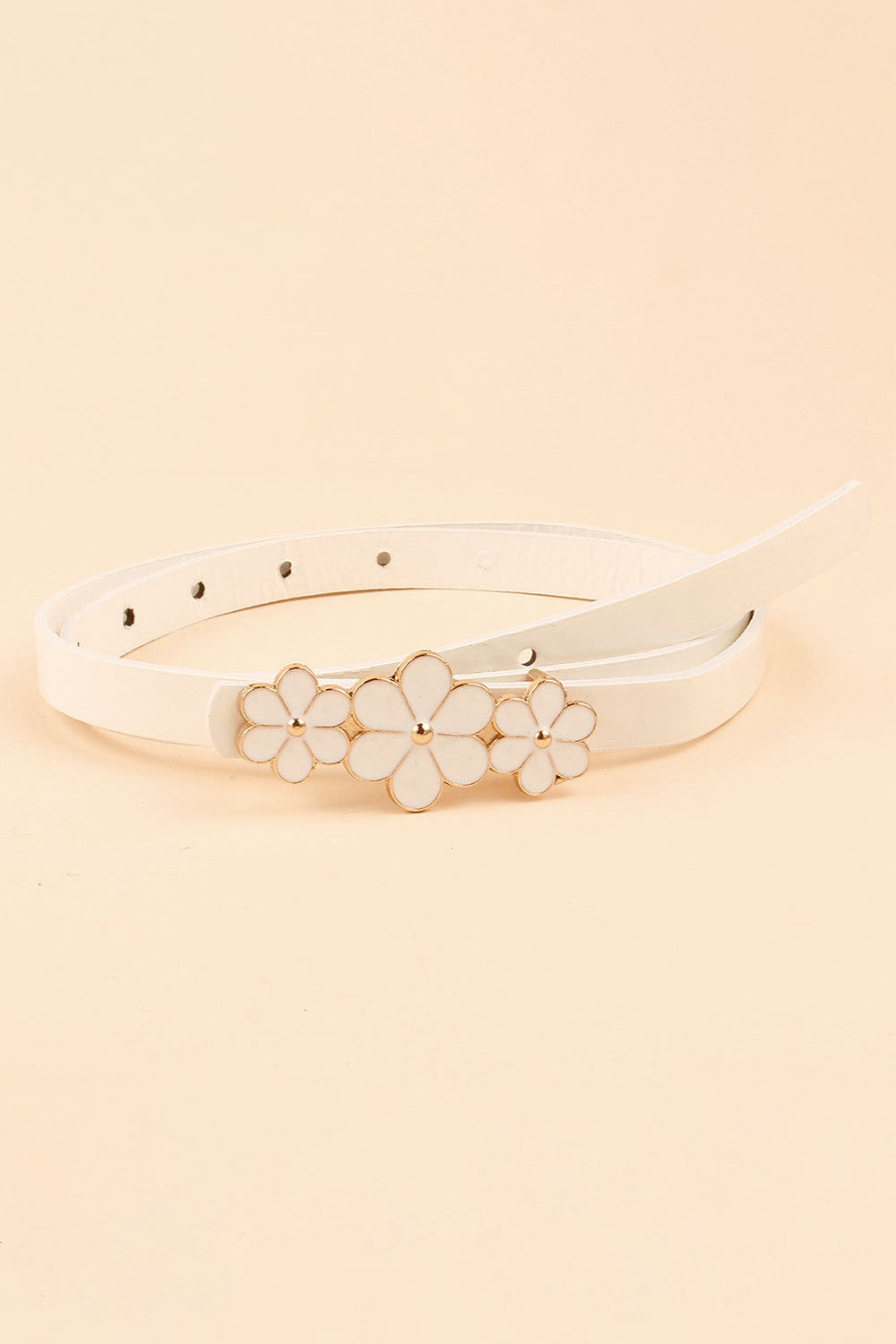 Flower Decor Skinny PU Belt White One Size