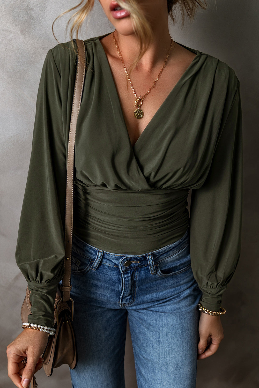 Moss Green Ruched Wrap V Neck Long Sleeve Bodysuit Moss Green 85%Polyester+15%Elastane