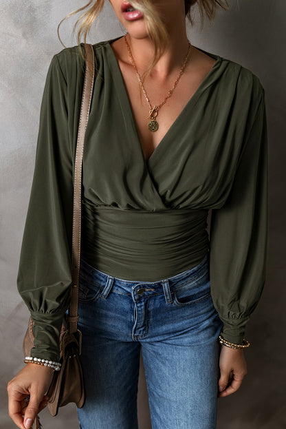 Moss Green Ruched Wrap V Neck Long Sleeve Bodysuit Moss Green 85%Polyester+15%Elastane