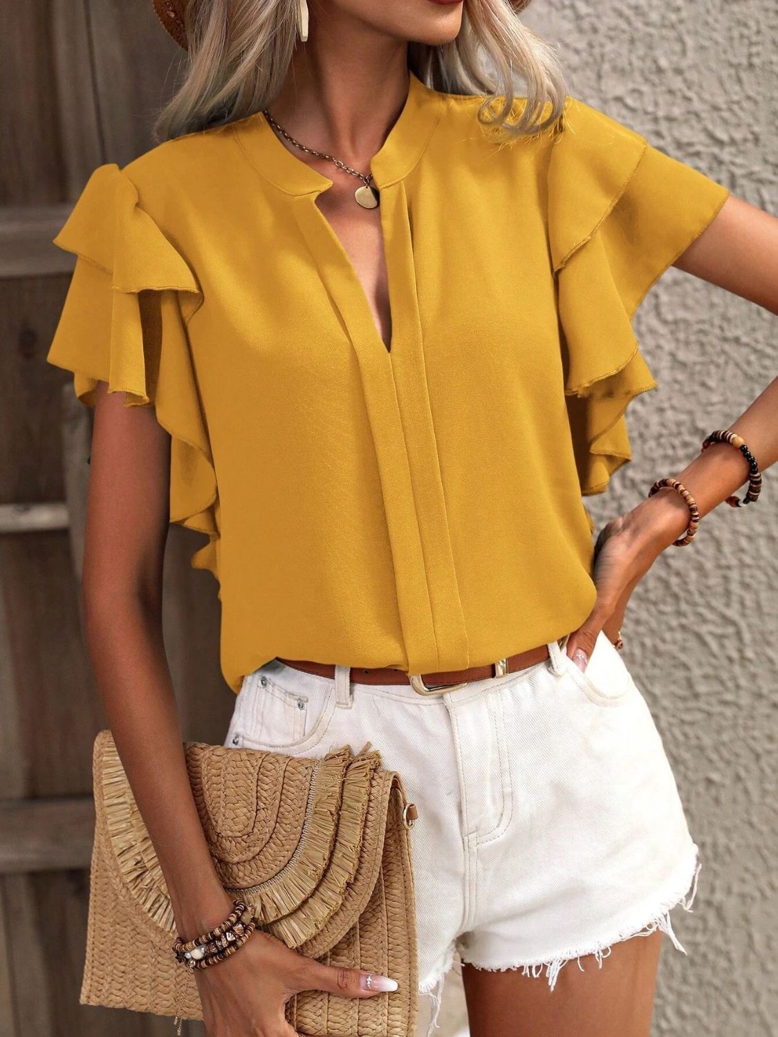 Ruffled Notched Short Sleeve Blouse - Thandynie