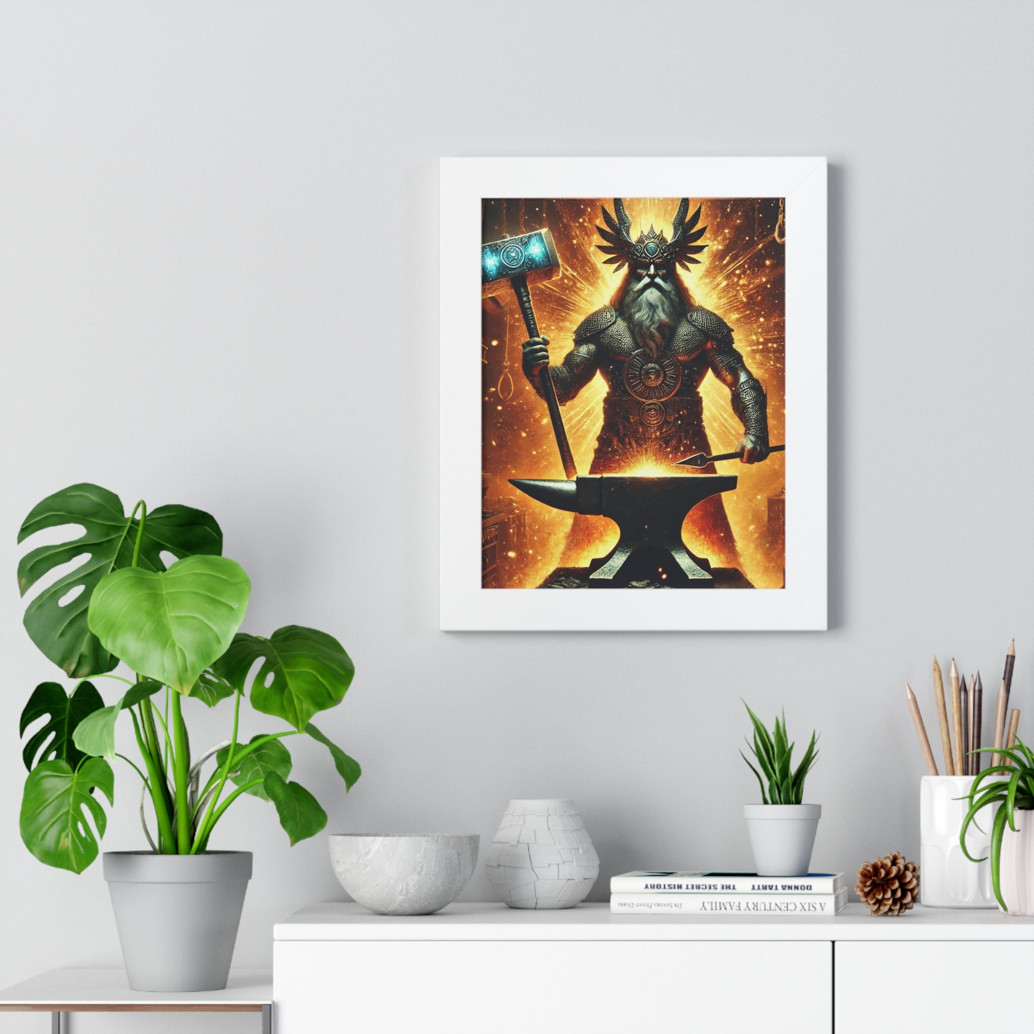 Ogun Blacksmith Framed Vertical Poster - Glowing Sparks, Molten Metal, Fire and Anvil - Wall Art Decor Print, African Deity, Orisha Home