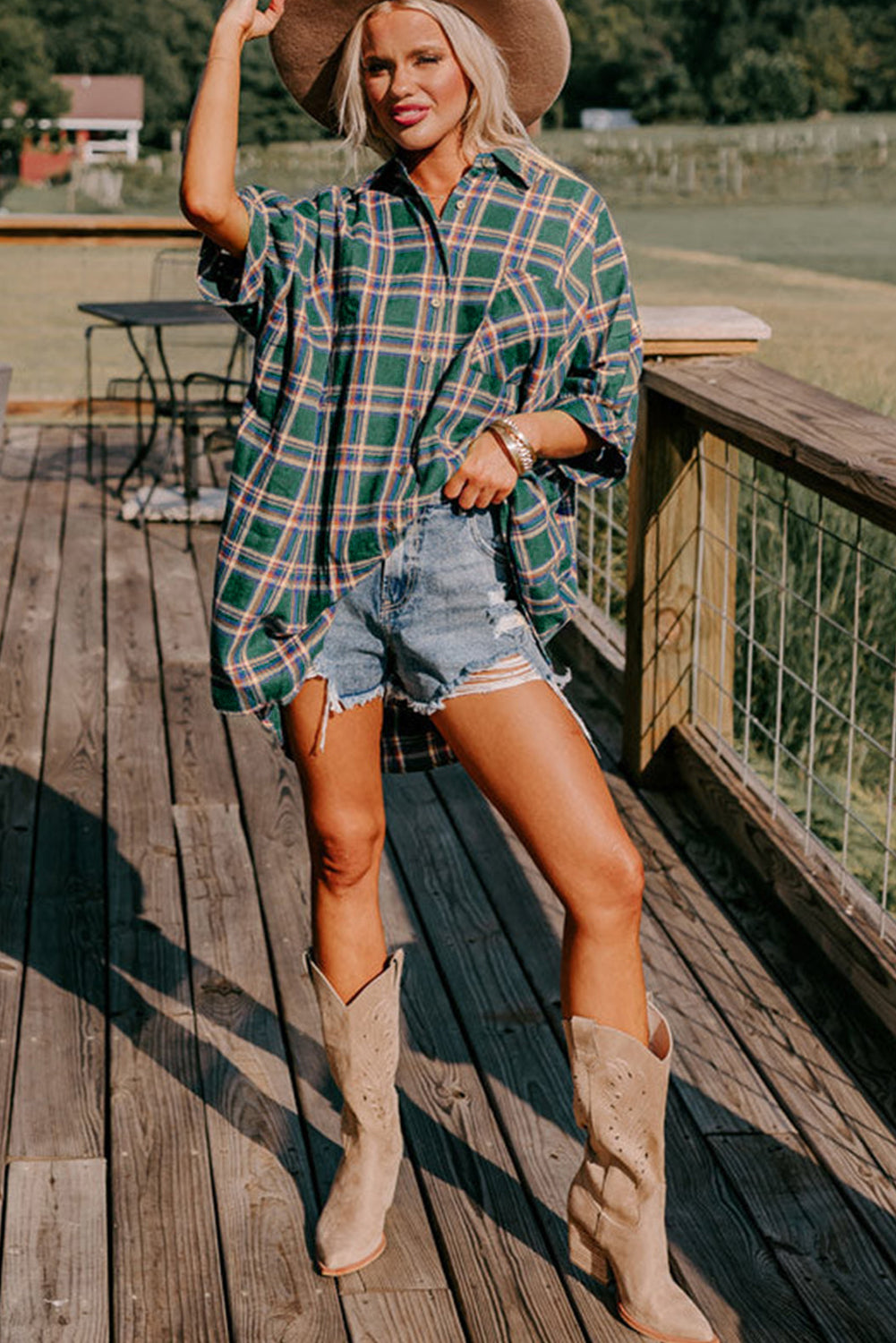 Green Oversized Plaid Half Sleeve Tunic Shirt