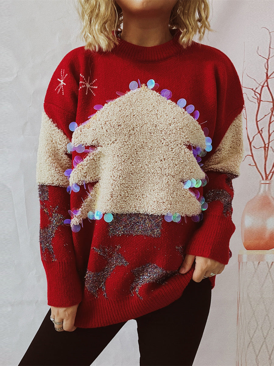 Sequin Christmas Tree & Reindeer Round Neck Sweater Red