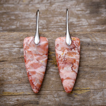 Natural Stone Geometric Shape Earrings Silver Burnt Coral One Size