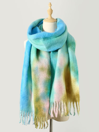 Fringe Tie-Dye Polyester Scarf Pastel Blue One Size