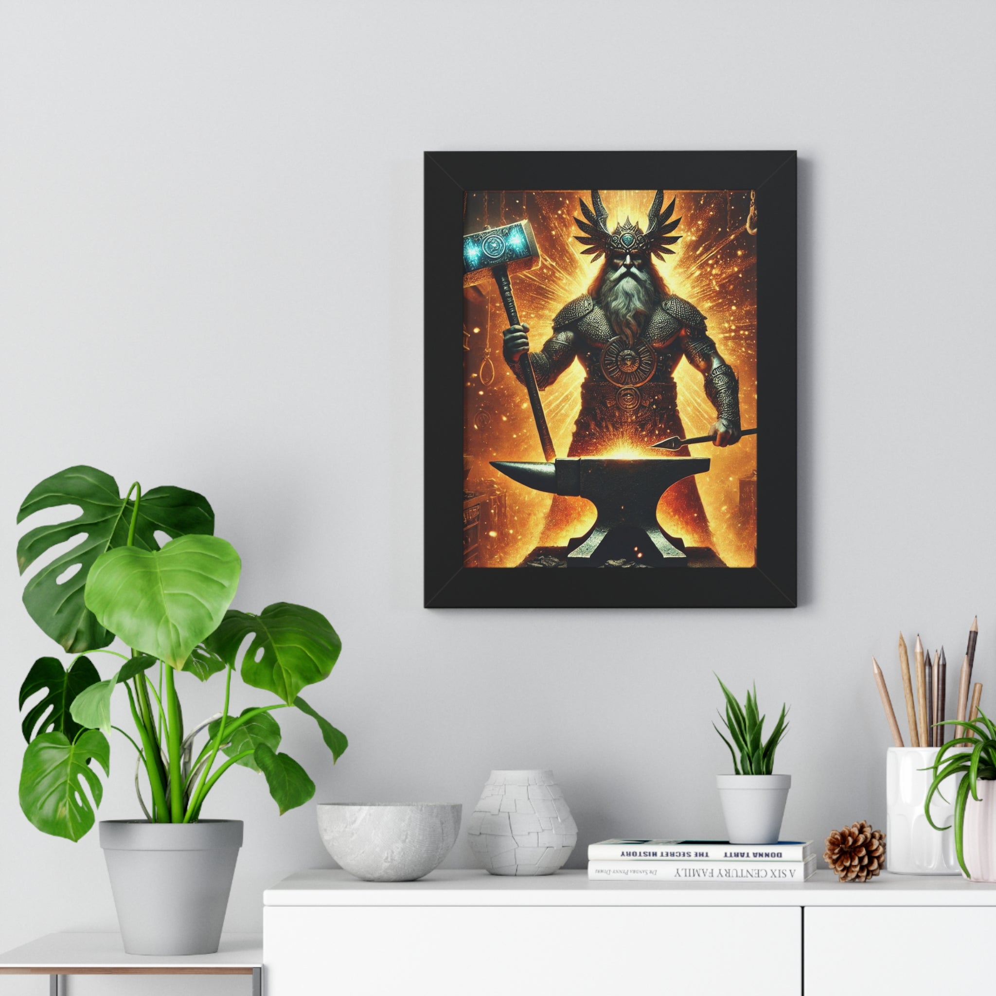 Ogun Blacksmith Framed Vertical Poster - Glowing Sparks, Molten Metal, Fire and Anvil - Wall Art Decor Print, African Deity, Orisha Home