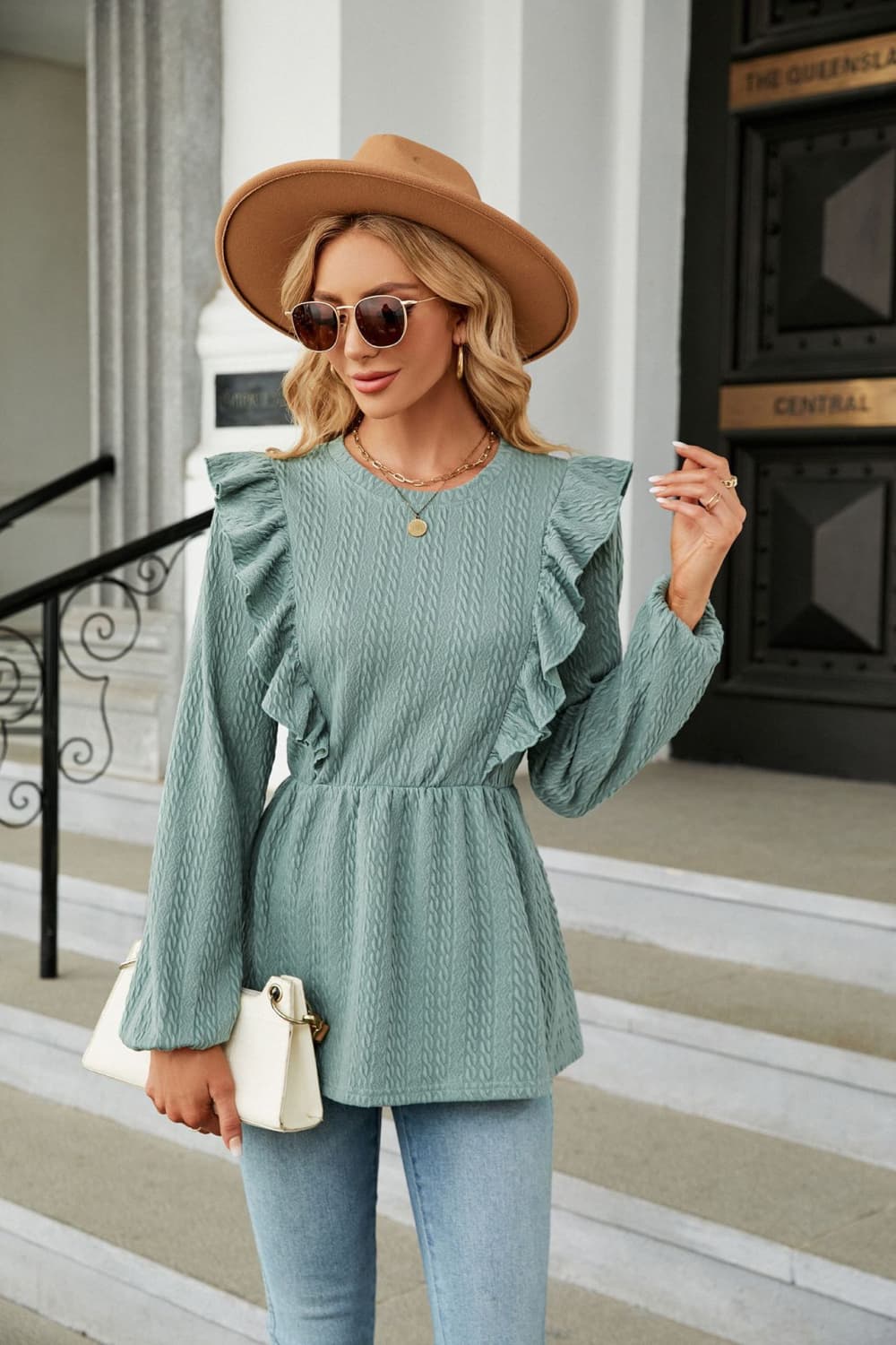 Round Neck Ruffled Peplum Blouse Sage