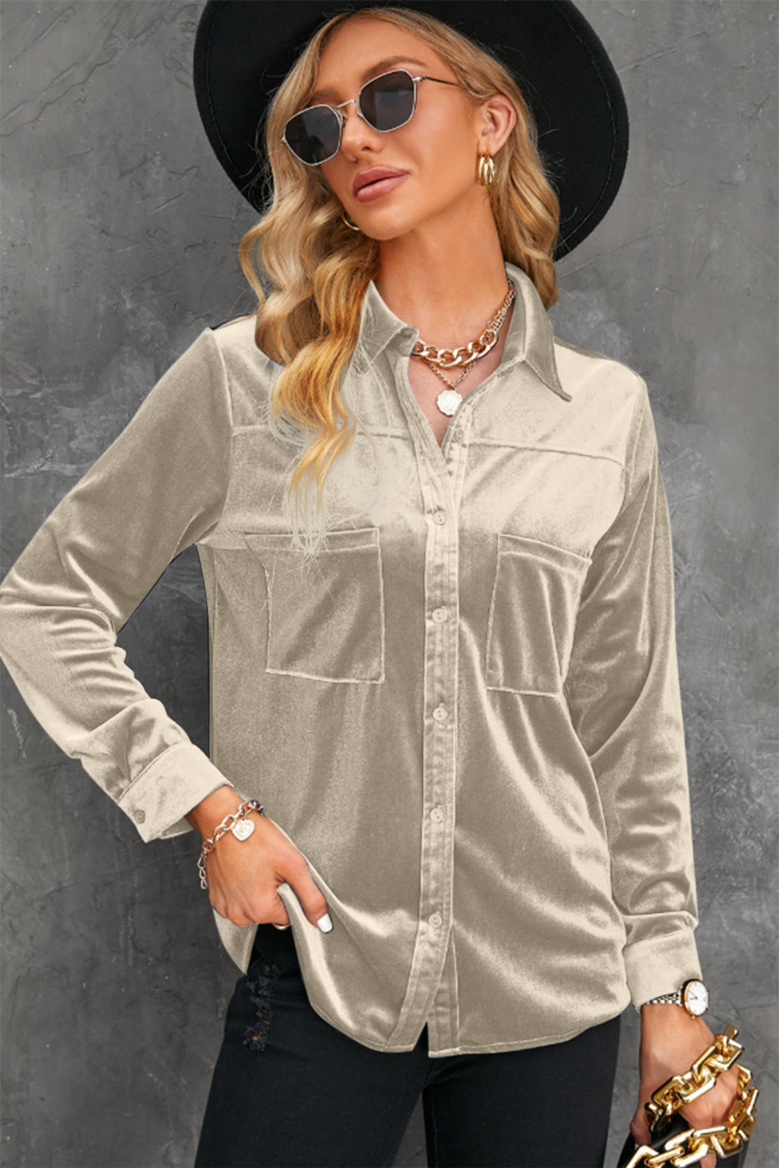 Button Up Collared Neck Long Sleeve Velvet Shirt