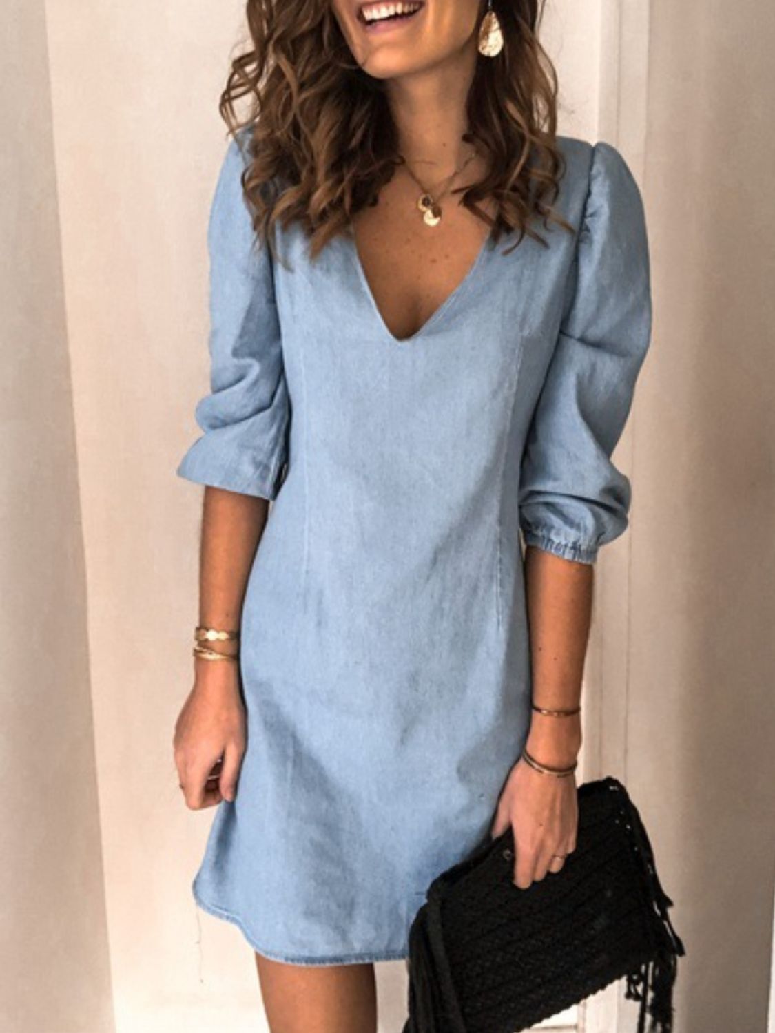 Full Size V-Neck Half Sleeve Dress Light Blue
