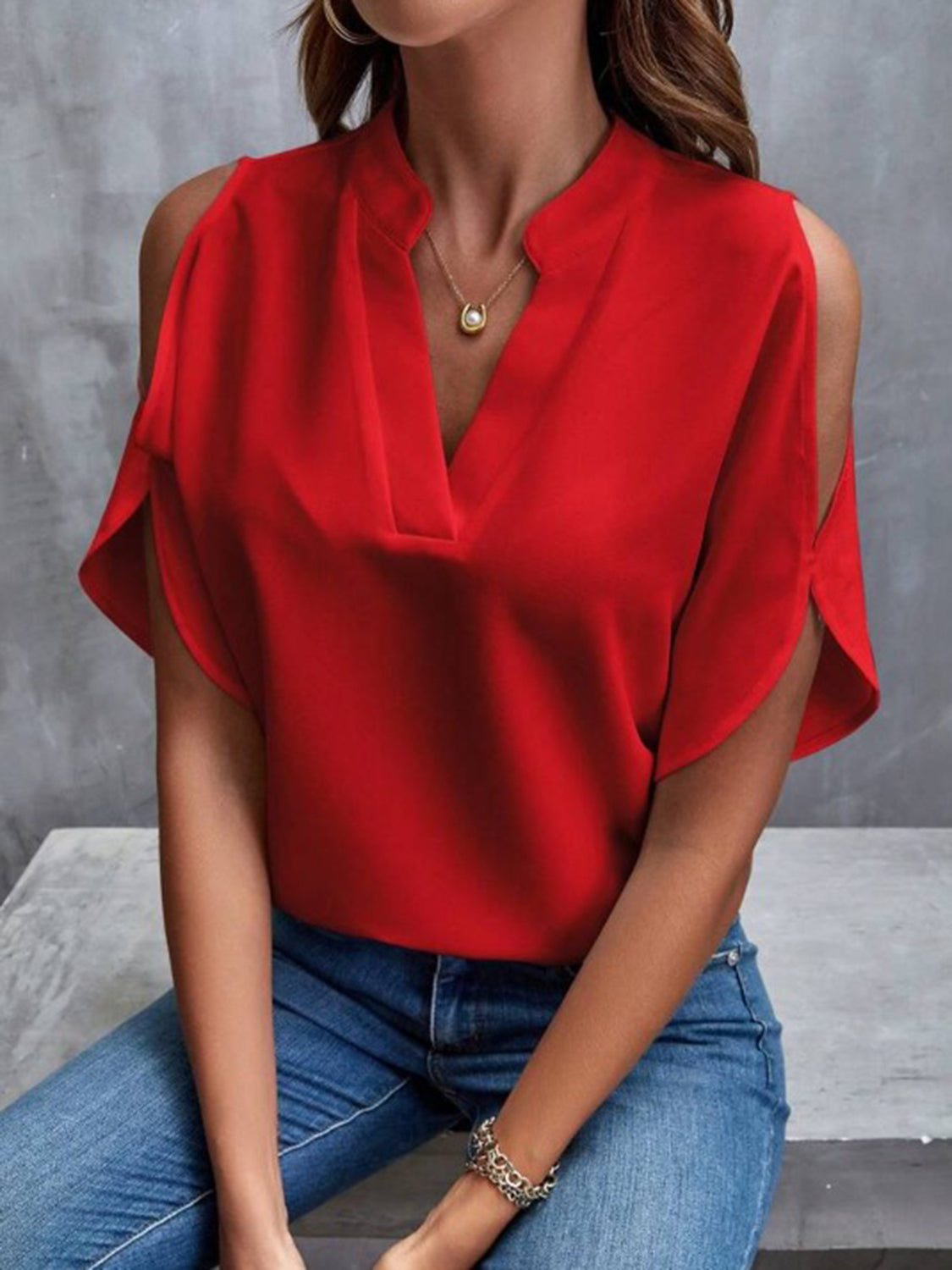 Notched Cold Shoulder Half Sleeve Blouse - Thandynie