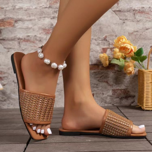 Rattan Woven Flat Sandals Caramel