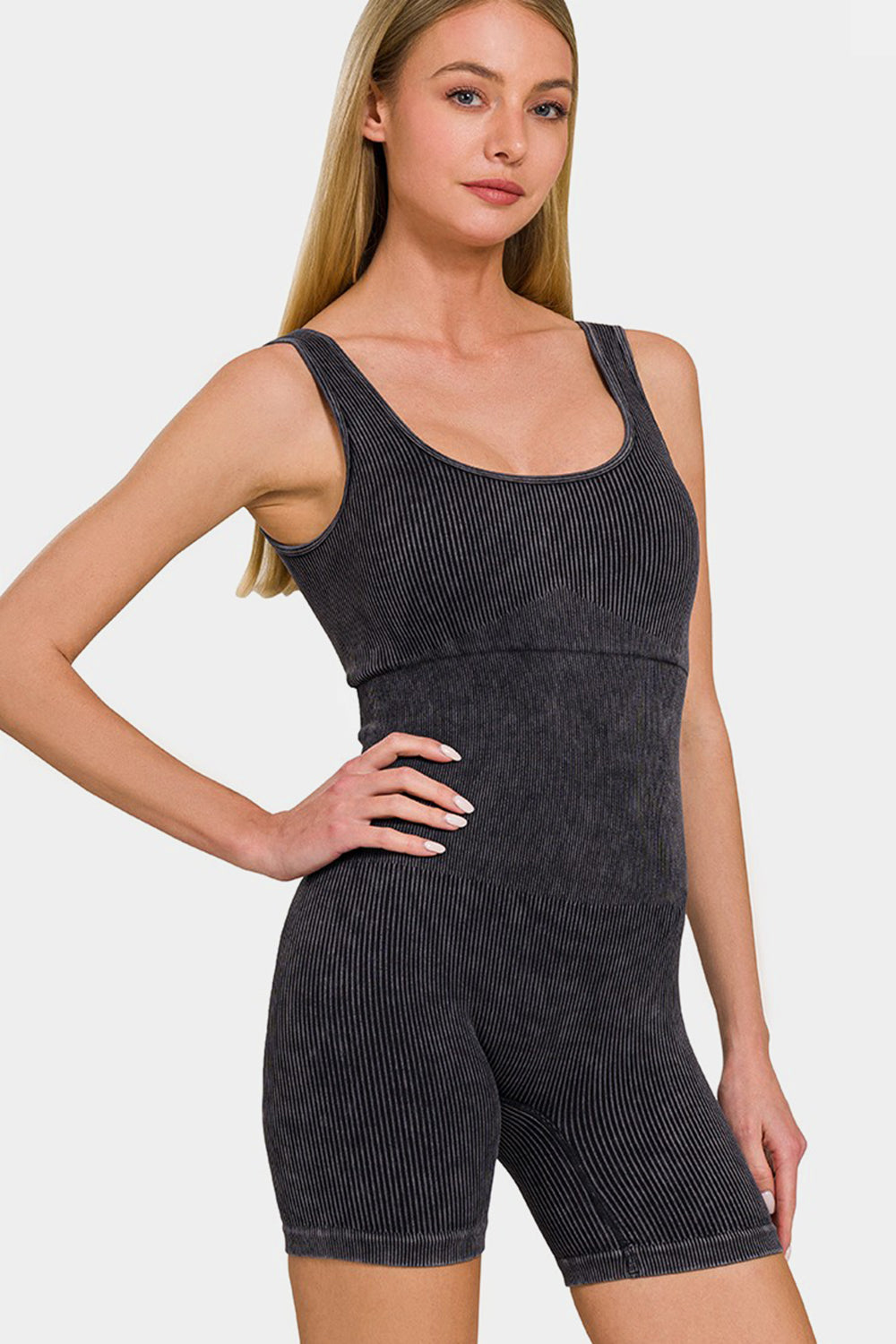 Zenana Washed Ribbed Romper with Pad | Trendy Women's One-Piece Outfit Black