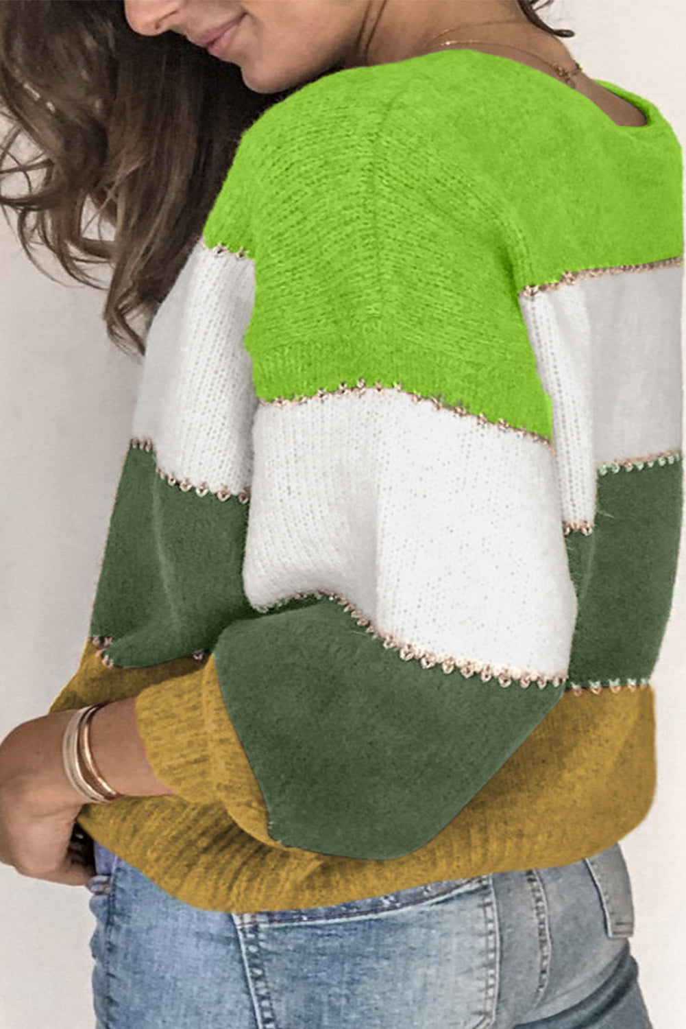 Green Plus Size Color Block Patchwork Sweater - Cozy & Stylish for Curvy Women