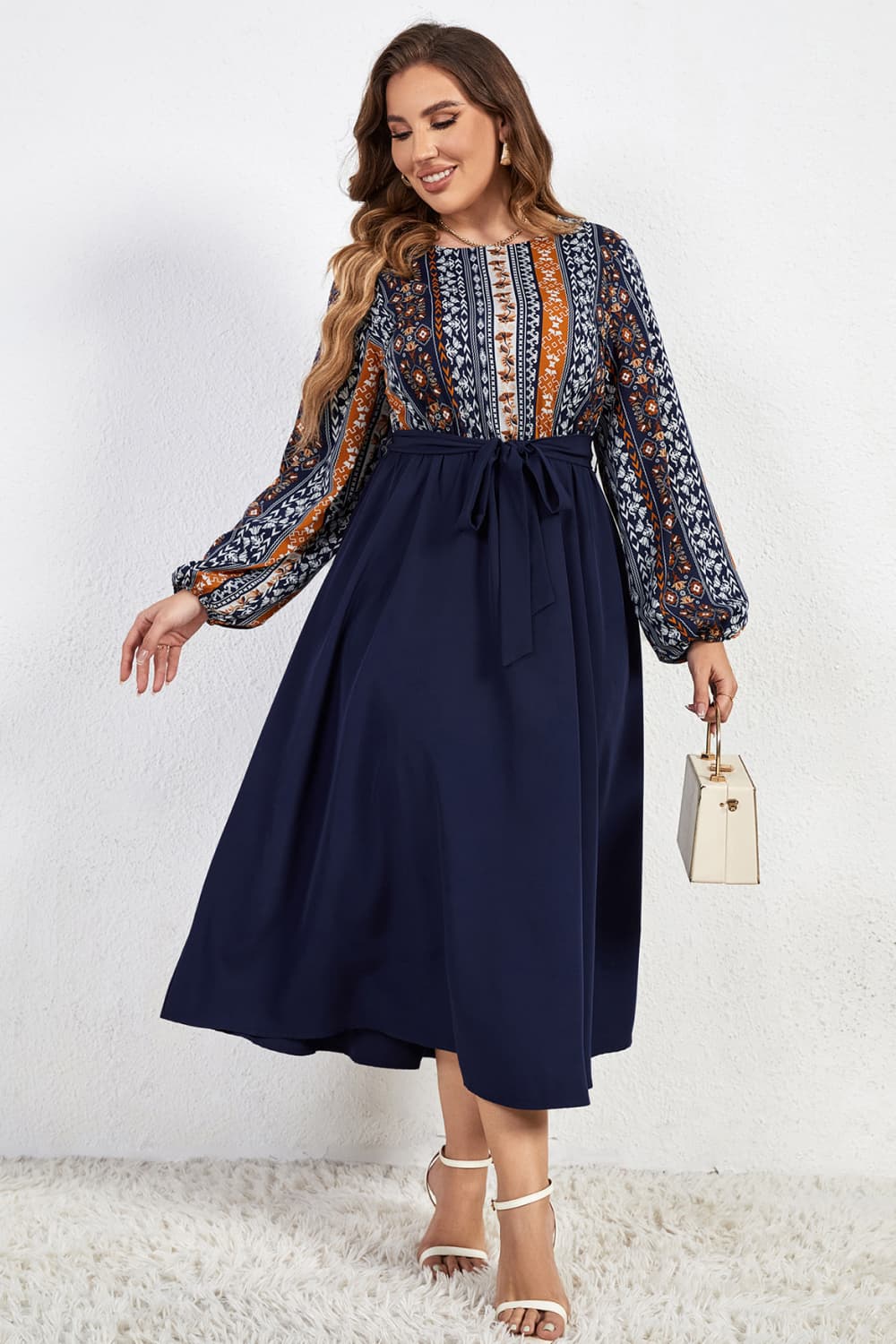 Melo Apparel Plus Size Printed Tie Belt Boat Neck Midi Dress Dark Blue