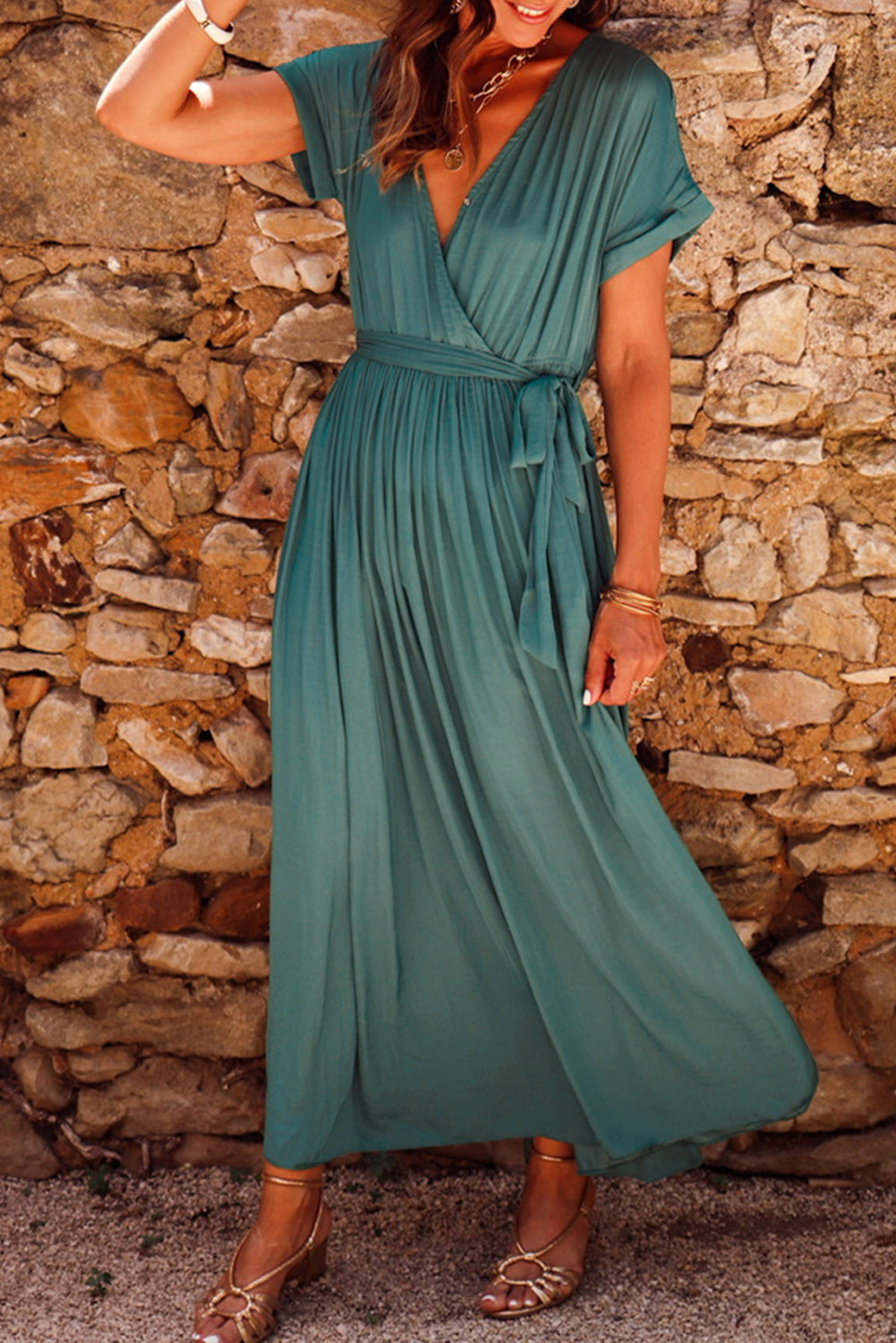 Blackish Green Solid Color V Neck Wrap Pleated Short Sleeve Maxi Dress Blackish Green 100%Polyester