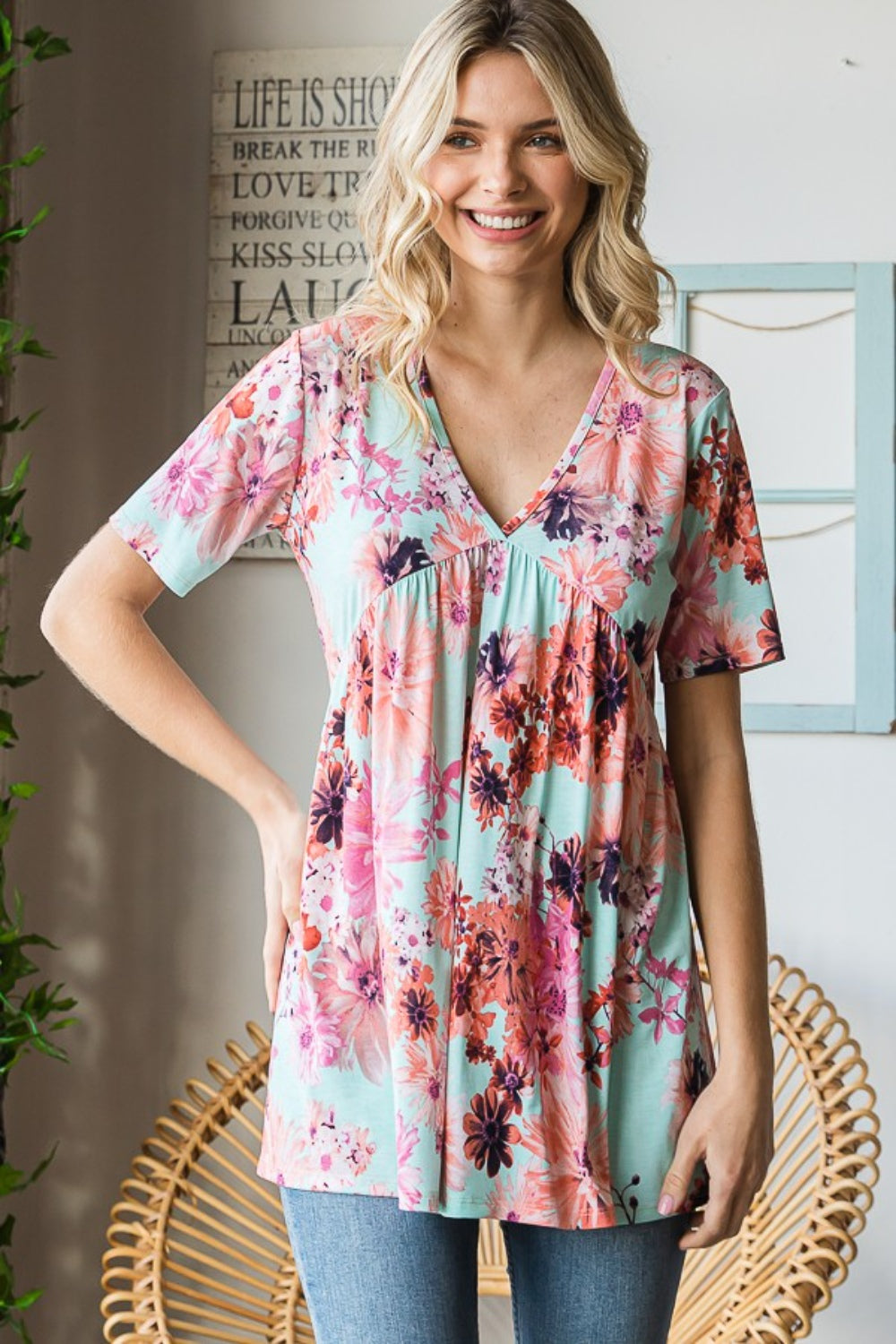 Heimish Full Size Floral V-Neck Short Sleeve Babydoll Blouse MINT