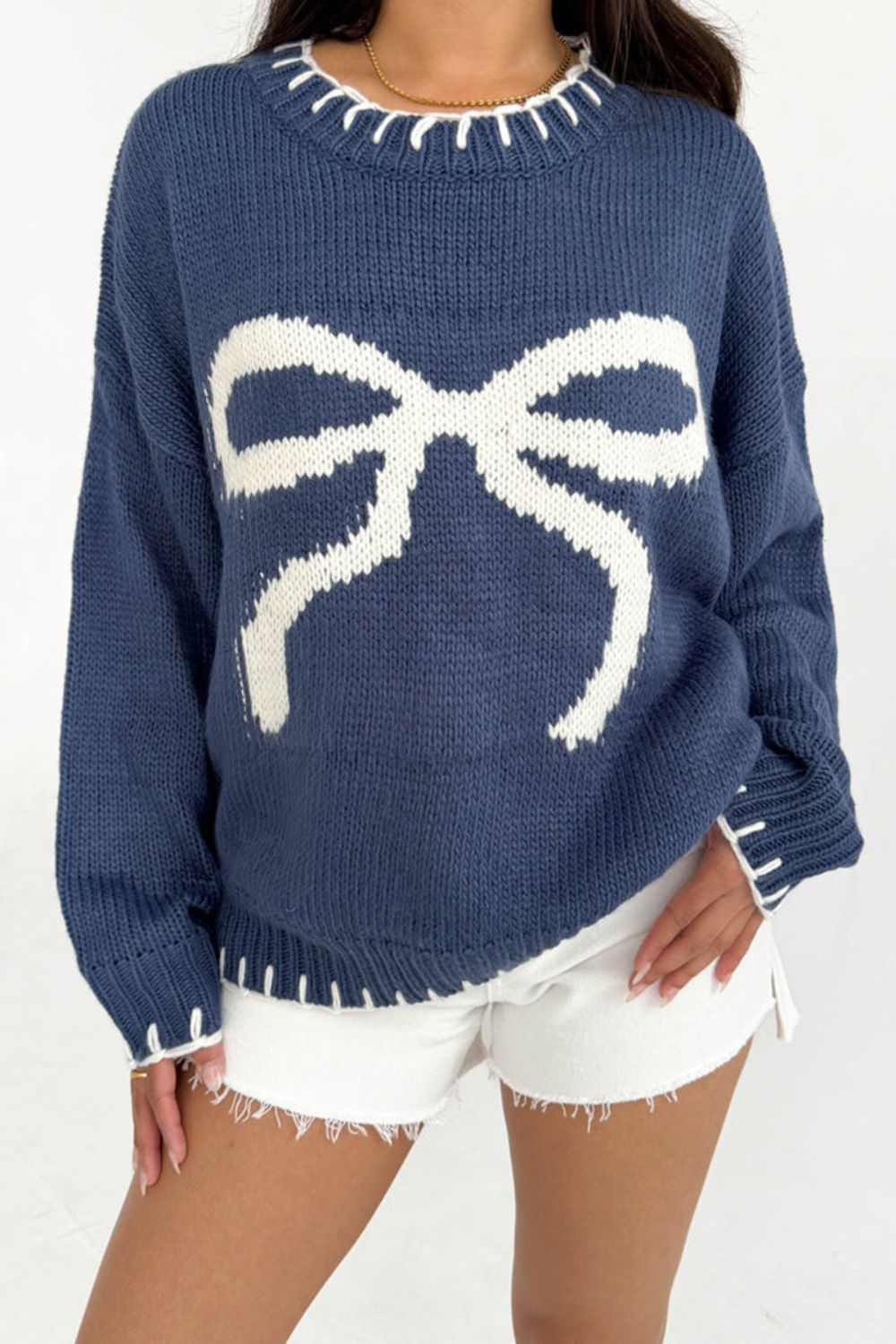 Bow Graphic Round Neck Long Sleeve Sweater Dusty Blue