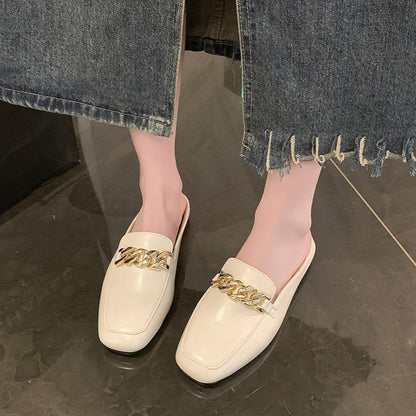 PU Leather Square Toe Flat Loafers Ivory