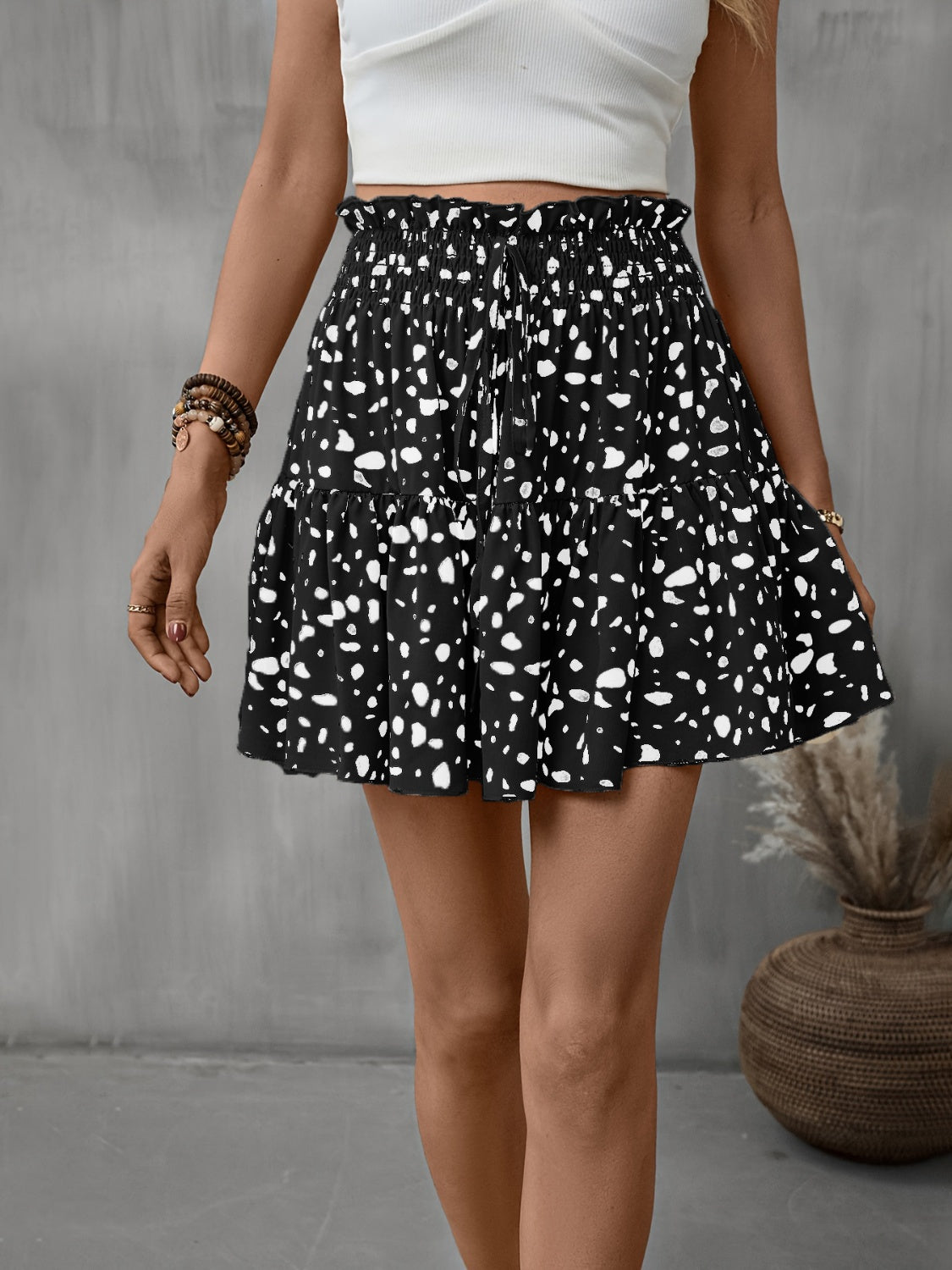 Frill Tied Printed Mini Skirt Black