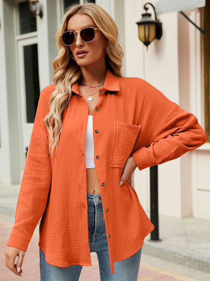 Button Up Collared Neck Drop Shoulder Shirt Orange