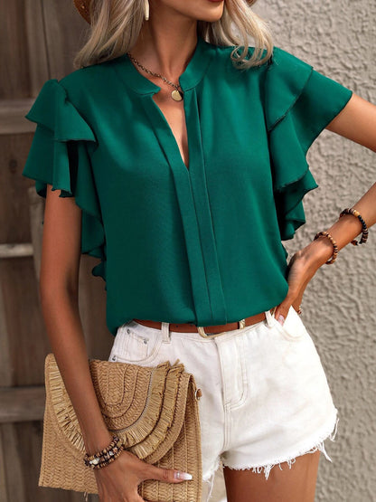 Ruffled Notched Short Sleeve Blouse Dark Green